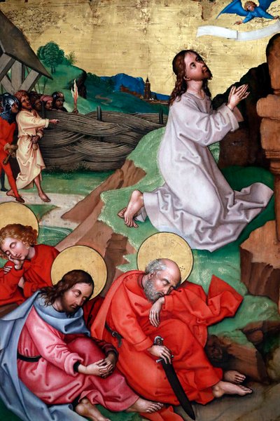 Jesus Praying in the Garden of Gethsemane after the Last Supper, while the Disciples Sleep by Martin Schongauer
